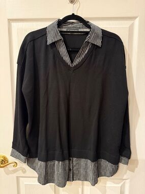 Adrianna Papell Black Sweater with Black-and-White Striped Trim